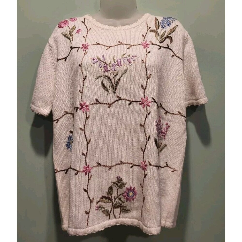 Vtg White Floral Embroidered Short Sleeve Sweater Haband Sz LG Cottagecore
